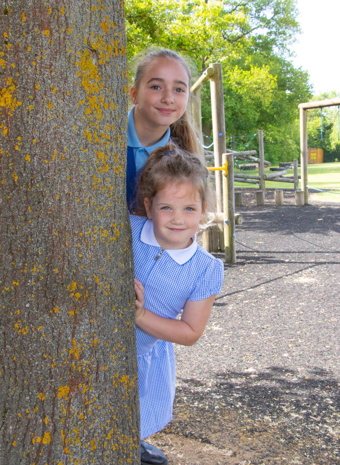 Pupils hiding by a tree